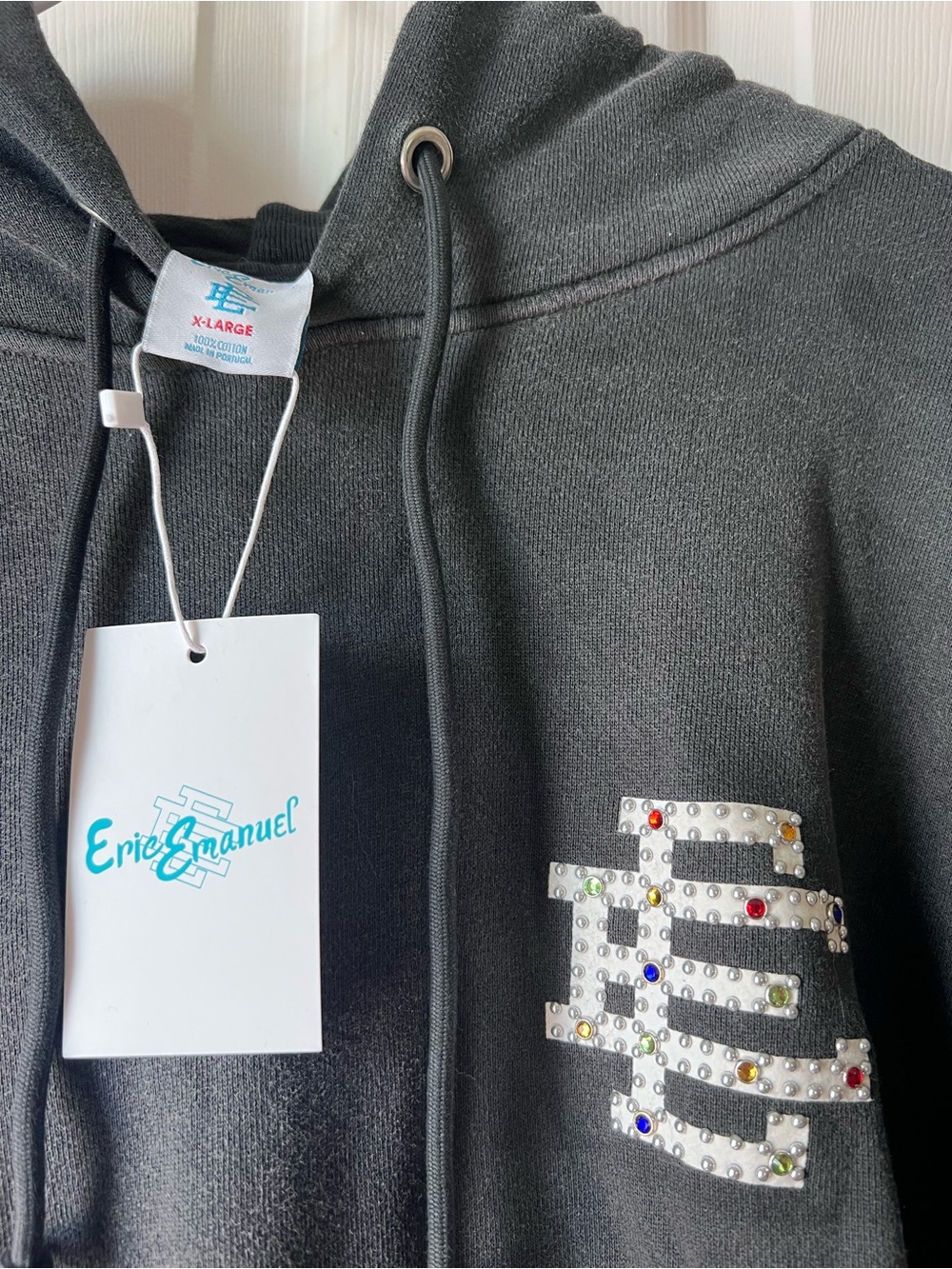 Eric Emanuel Black Crewneck Hoodie with Rhinestone EE Logo - Picture 2 of 3